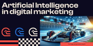 Artificial intelligence in digital marketing banner with an AI-generated image of a racing car