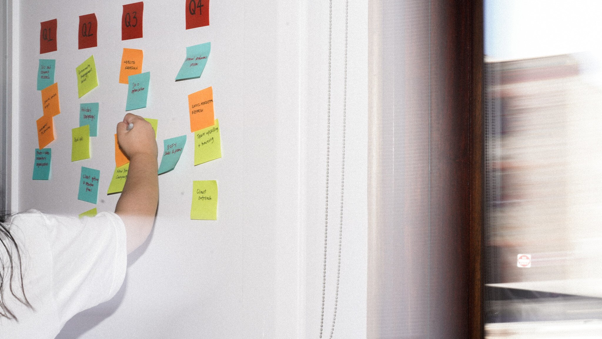 A hand in a white sleeve reaching up to arrange colourful sticky notes on a white wall, organised in columns with orange headers labeled Q1, Q2, etc.