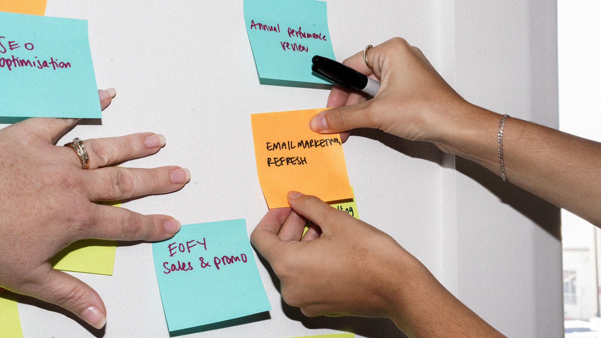 Hands arranging colourful sticky notes on a white wall, with notes showing text like 'Annual Performance Review', 'EOFY Sales &amp; Promo', and 'Email Marketing Refresh'. One hand holds a marker while writing.