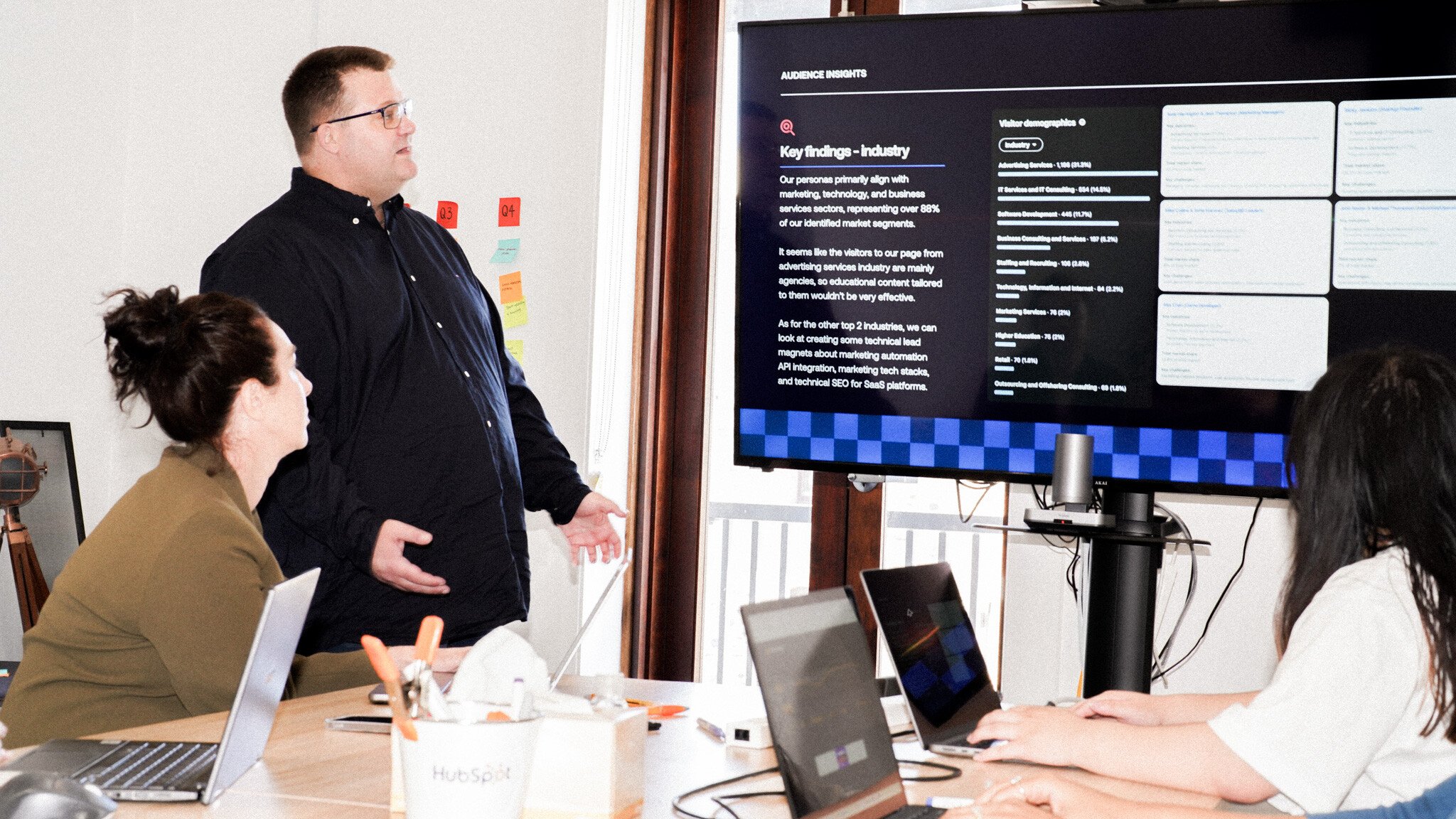 A business meeting in progress with a person in a black shirt presenting information on a large screen displaying industry key findings. Colleagues seated at the table view the presentation, with colourful sticky notes visible on the wall.